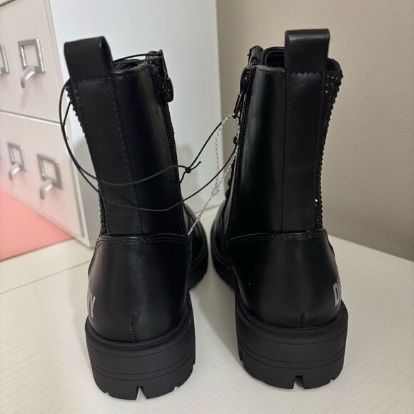 DKNY Black Faux Leather Crystal Side Zip Combat Boots Youth Girls Size 3 New - Picture 7 of 11